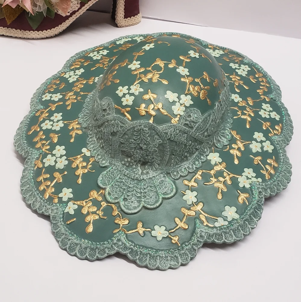 Ceramic Hand Painted Green & Gold Floral Ladies Hat Wall Hanging Artist Signed